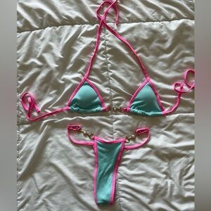 Pink and Aqua Ribbed Bikini Set With Pearl Detail, Size XXS